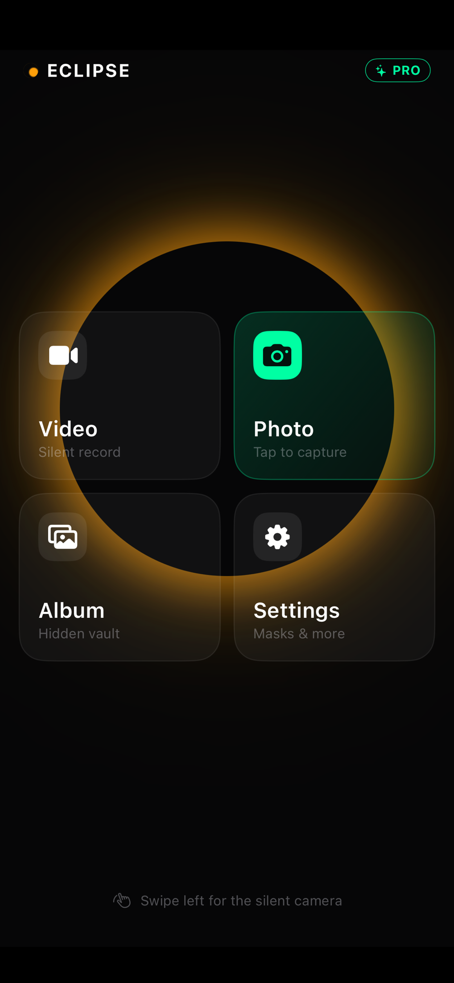 Eclipse home screen with Video, Photo, Album and Settings
