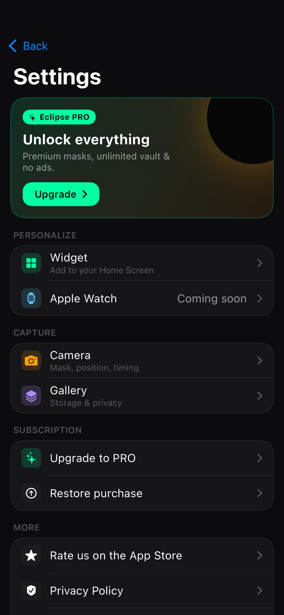 Eclipse settings with Pro upgrade and personalize options