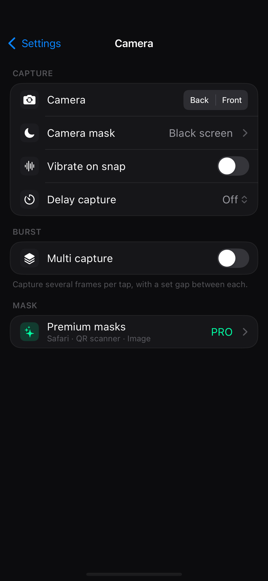 Eclipse camera controls — mask, timing and burst