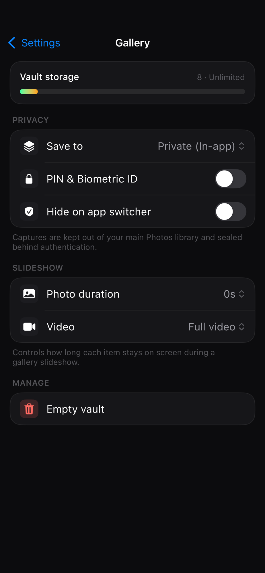 Eclipse private gallery vault with PIN and biometric lock