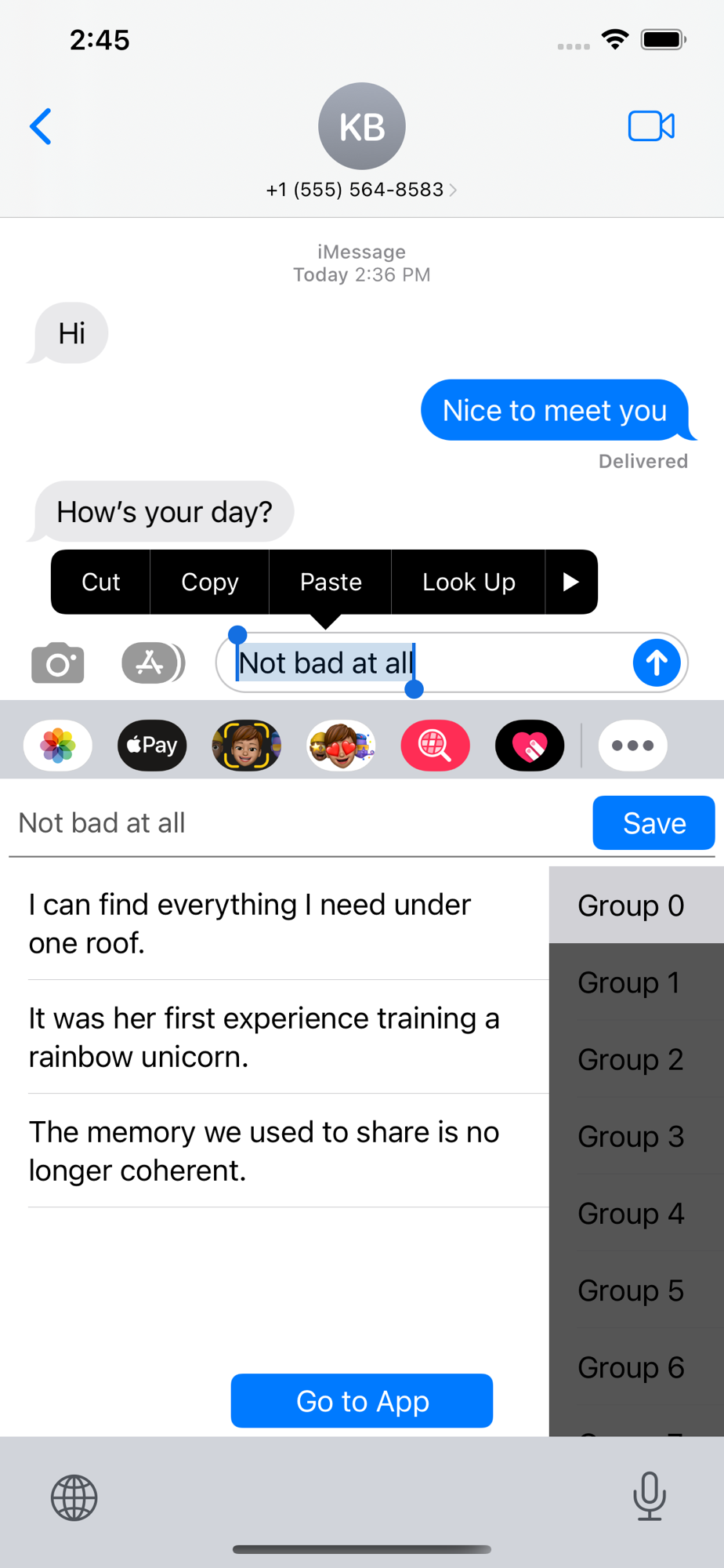 Quoteboard keyboard pasting a saved phrase into an iMessage chat