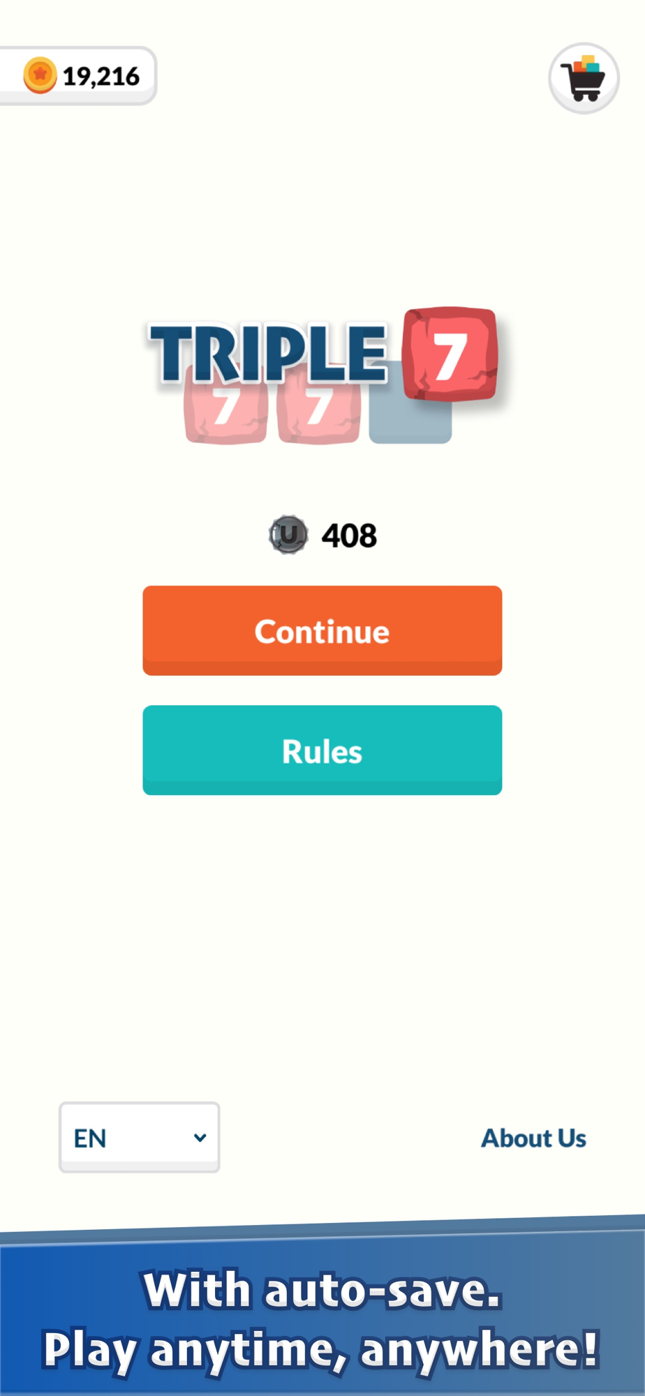 Triple Seven home screen with Continue and Rules, and auto-save