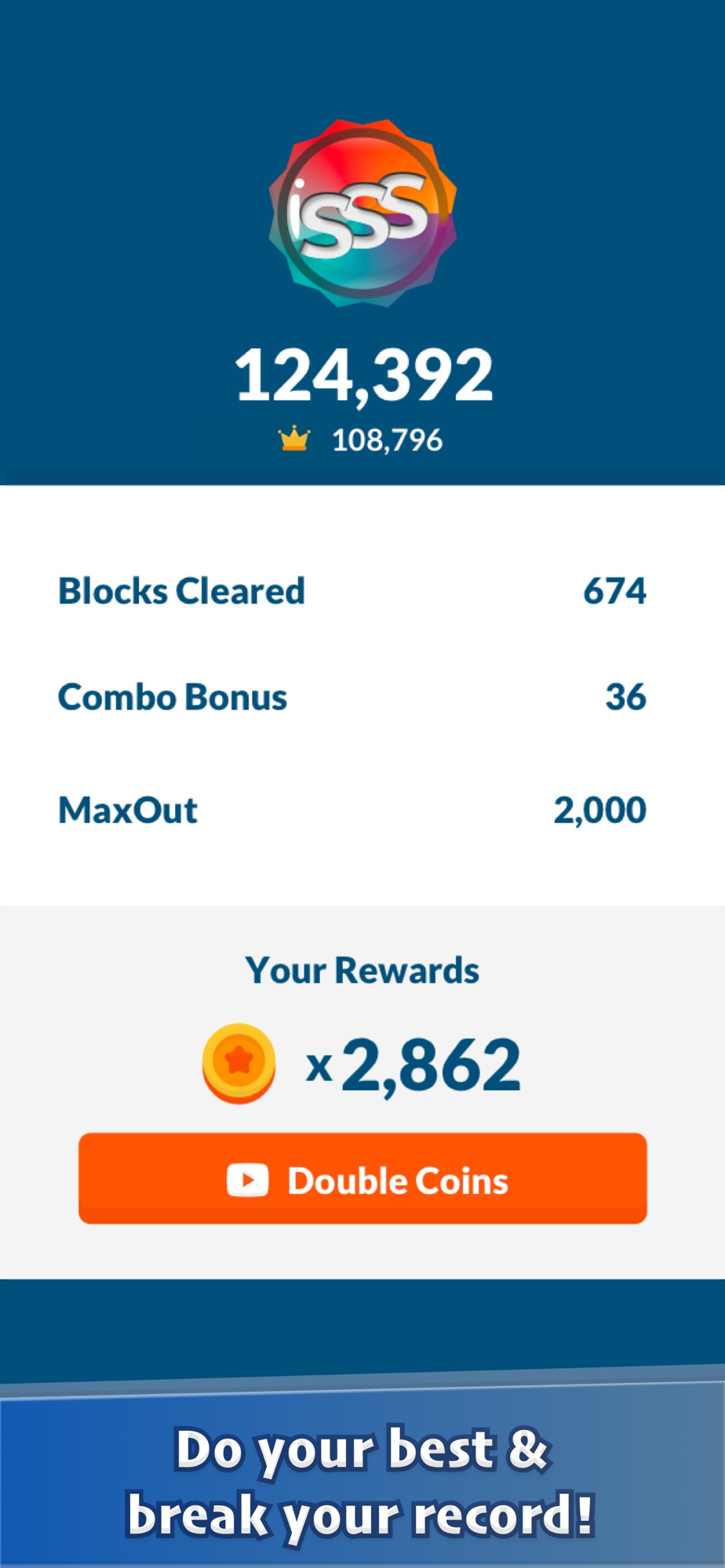 Triple Seven results screen with score, combos and coin rewards
